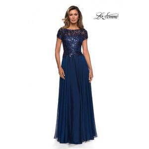 LA FEMME Chiffon Skirt Metallic Lace Evening Dress